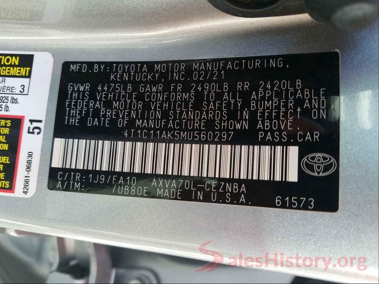 4T1C11AK5MU560297 2021 TOYOTA CAMRY