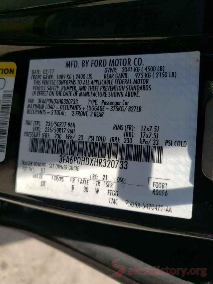 3FA6P0HDXHR320733 2017 FORD FUSION