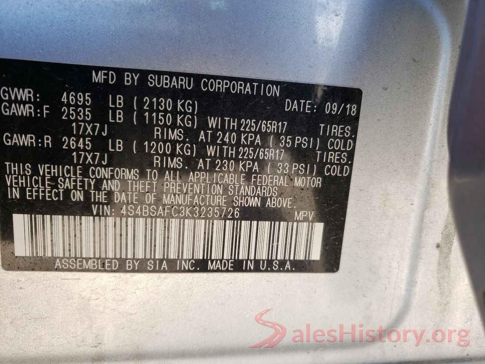 4S4BSAFC3K3235726 2019 SUBARU OUTBACK