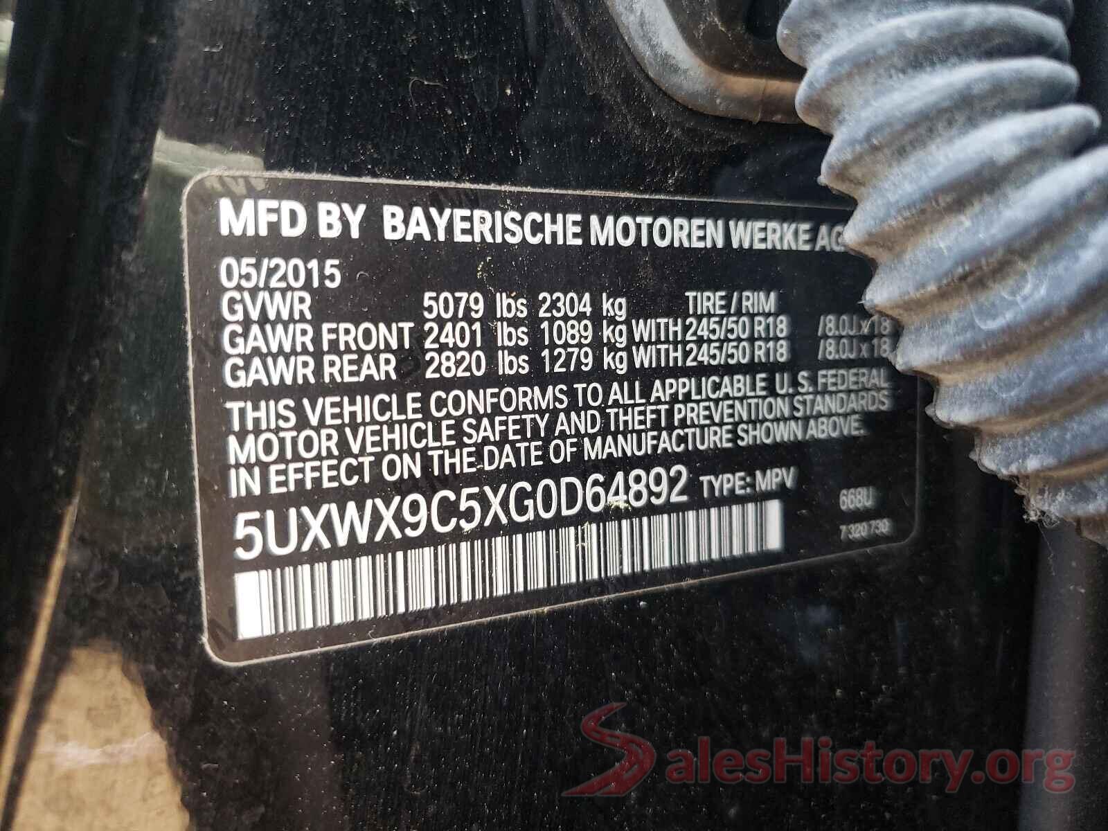 5UXWX9C5XG0D64892 2016 BMW X3