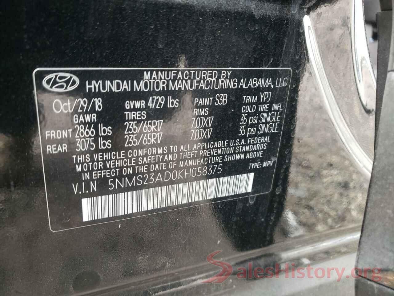 5NMS23AD0KH058375 2019 HYUNDAI SANTA FE