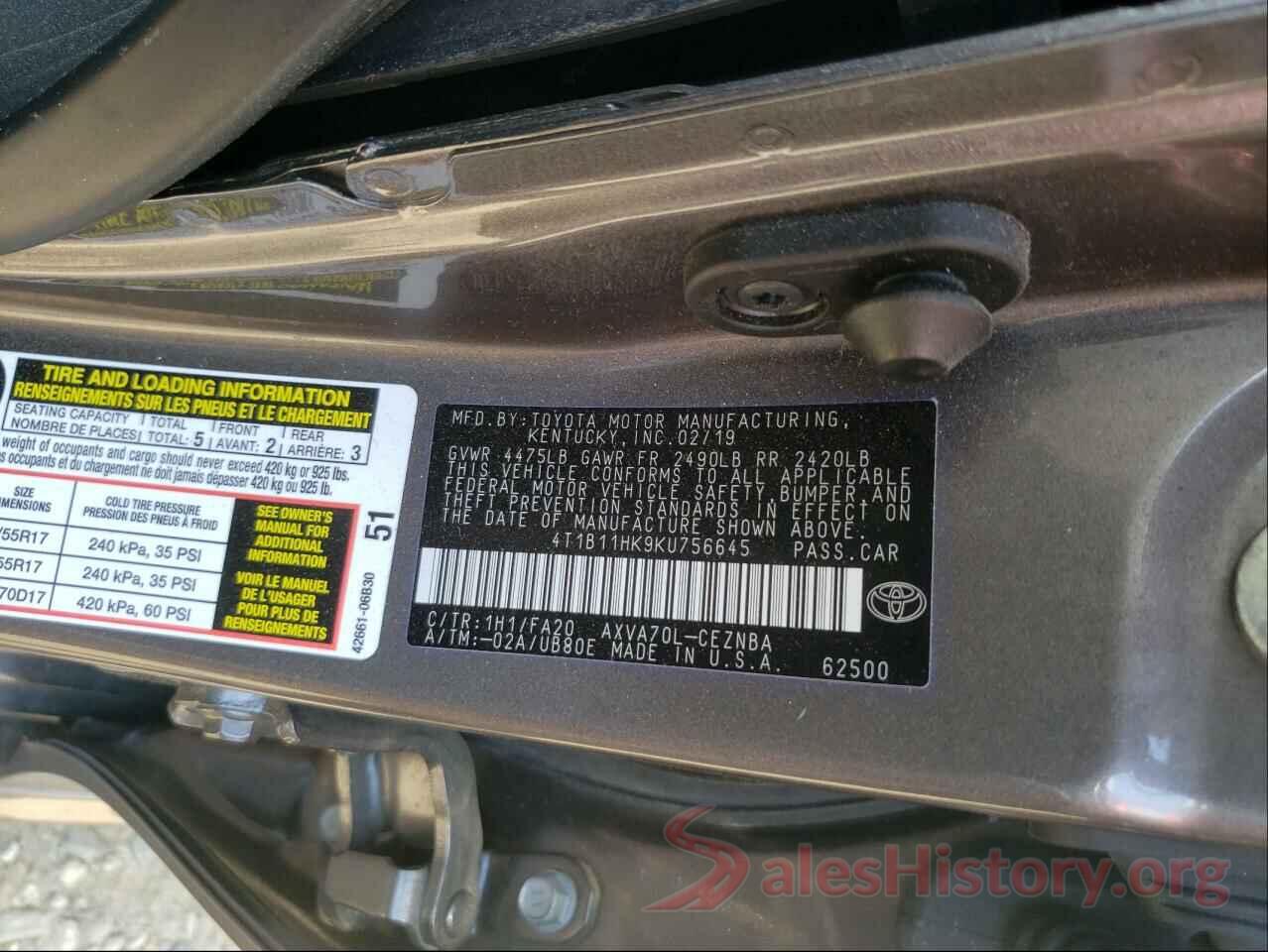 4T1B11HK9KU756645 2019 TOYOTA CAMRY