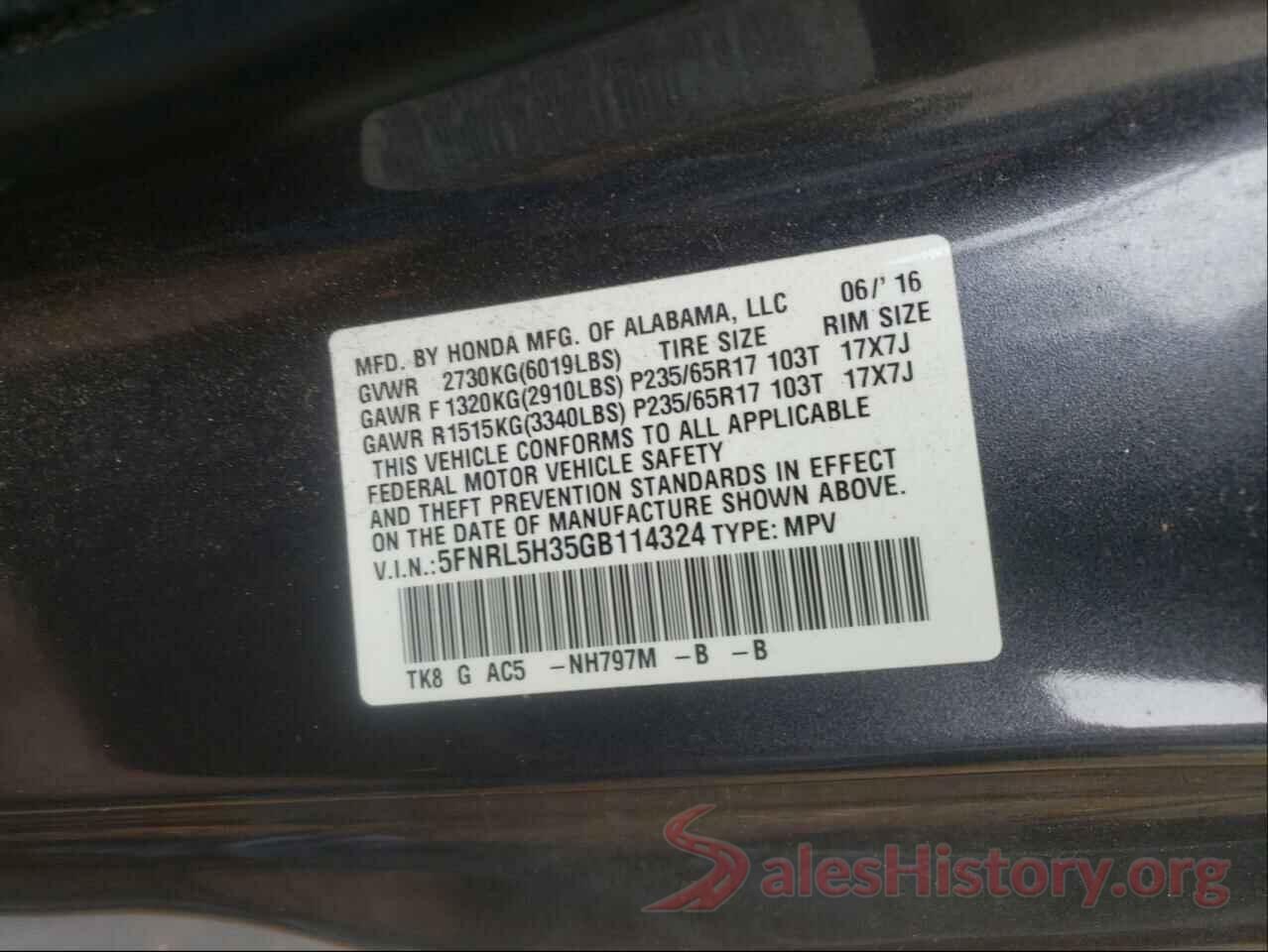 5FNRL5H35GB114324 2016 HONDA ODYSSEY