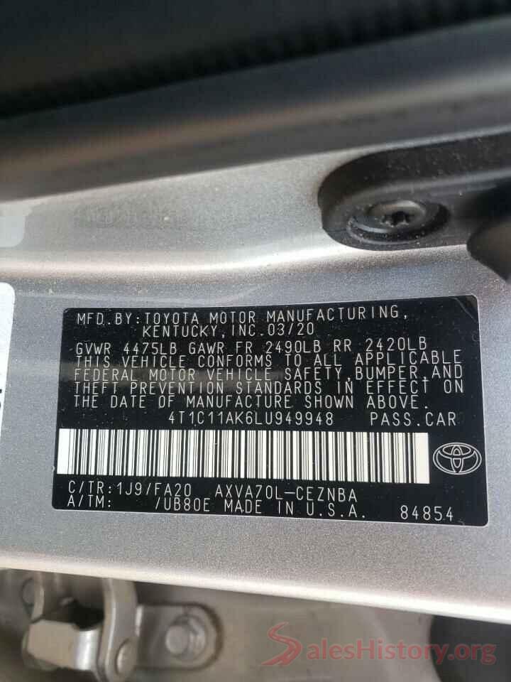 4T1C11AK6LU949948 2020 TOYOTA CAMRY