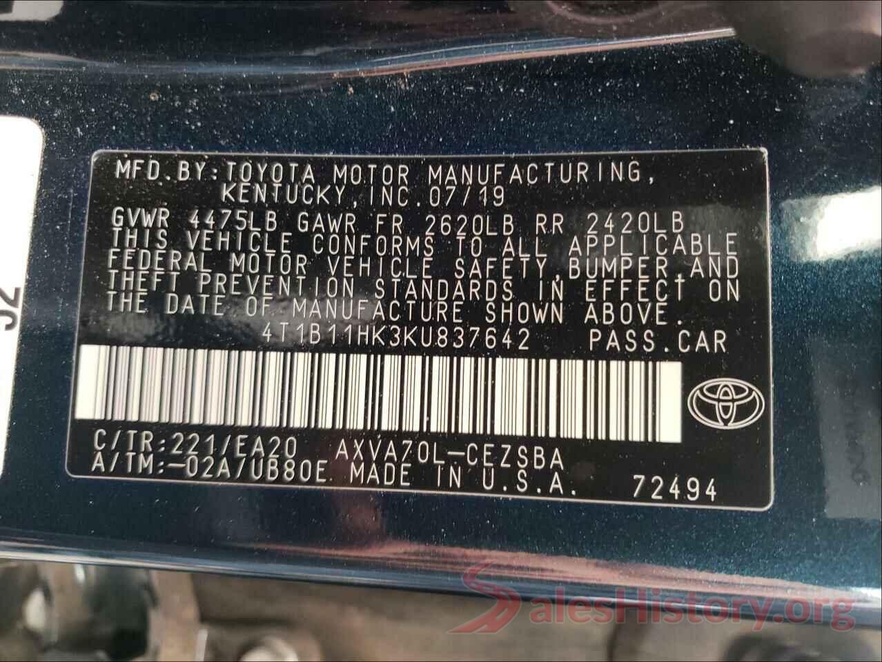 4T1B11HK3KU837642 2019 TOYOTA CAMRY