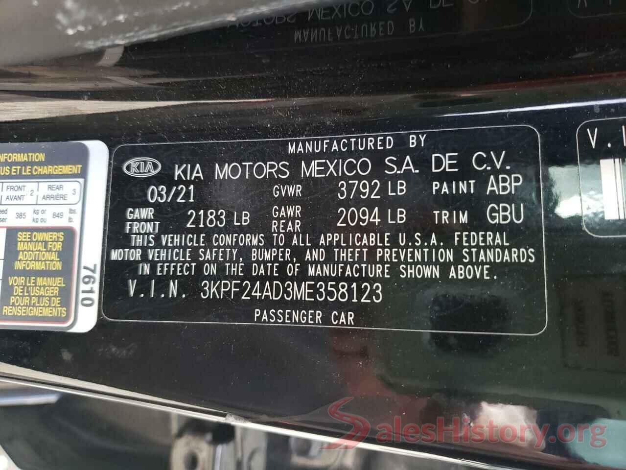 3KPF24AD3ME358123 2021 KIA FORTE