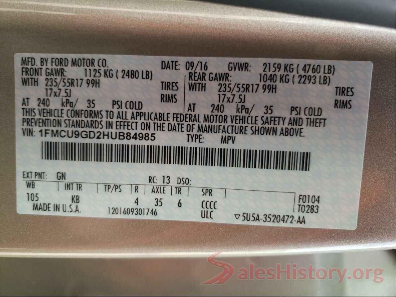 1FMCU9GD2HUB84985 2017 FORD ESCAPE