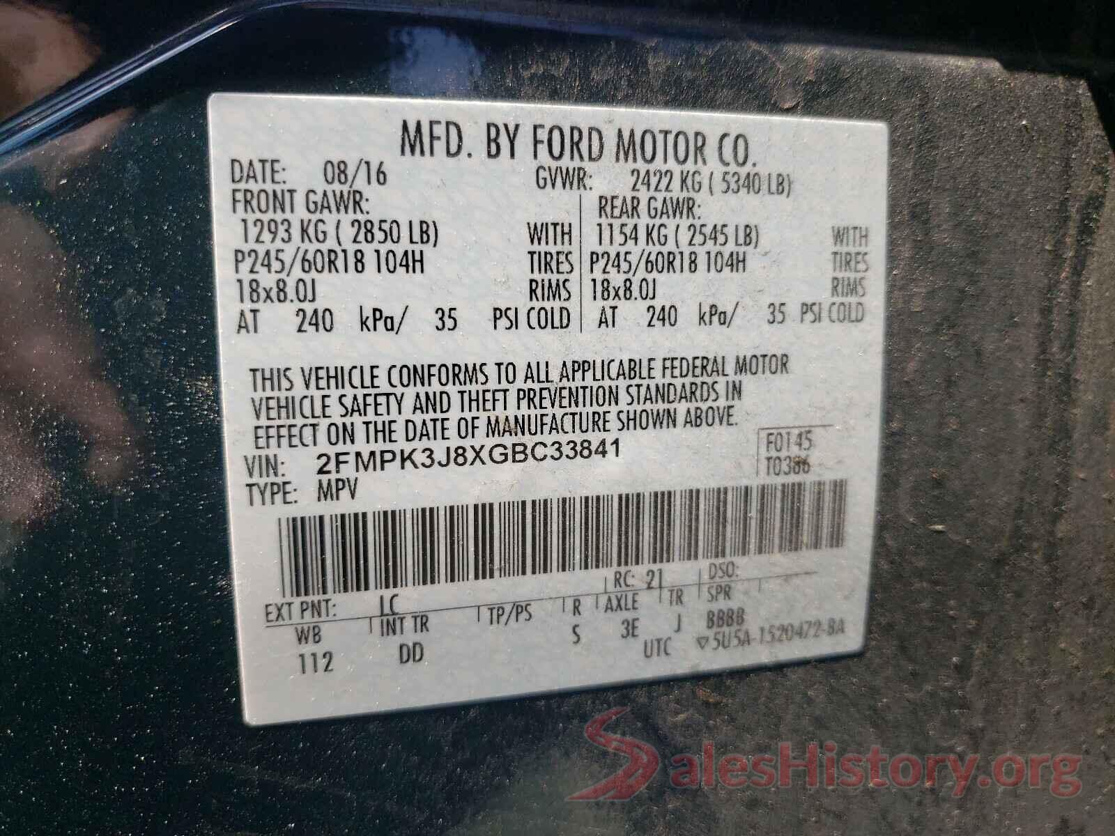 2FMPK3J8XGBC33841 2016 FORD EDGE