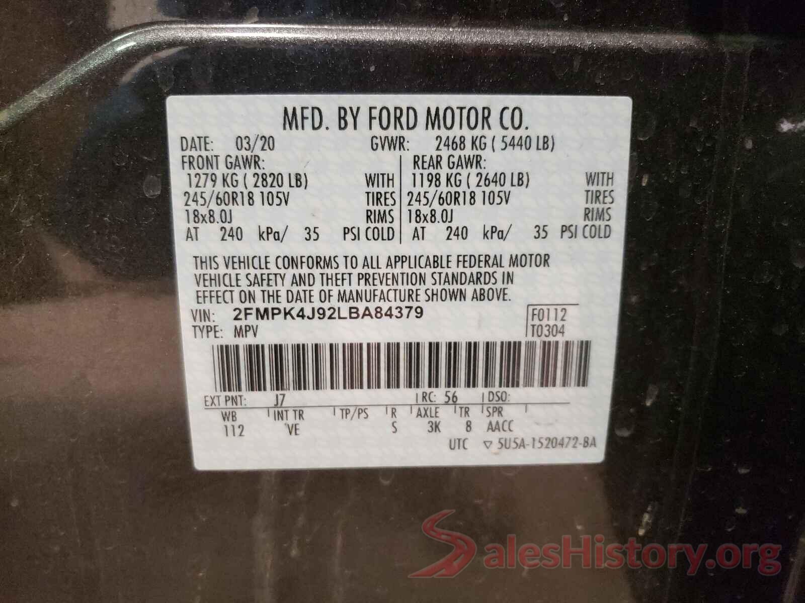 2FMPK4J92LBA84379 2020 FORD EDGE