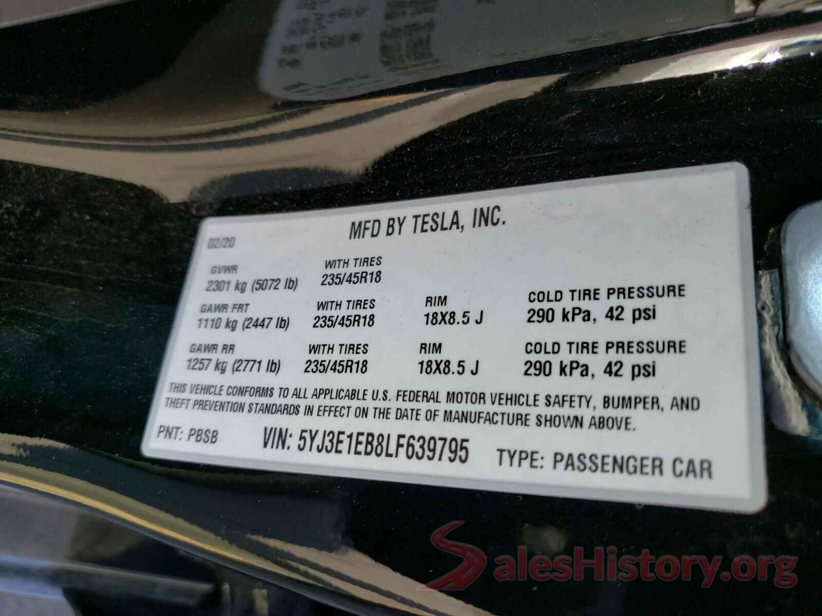 5YJ3E1EB8LF639795 2020 TESLA MODEL 3