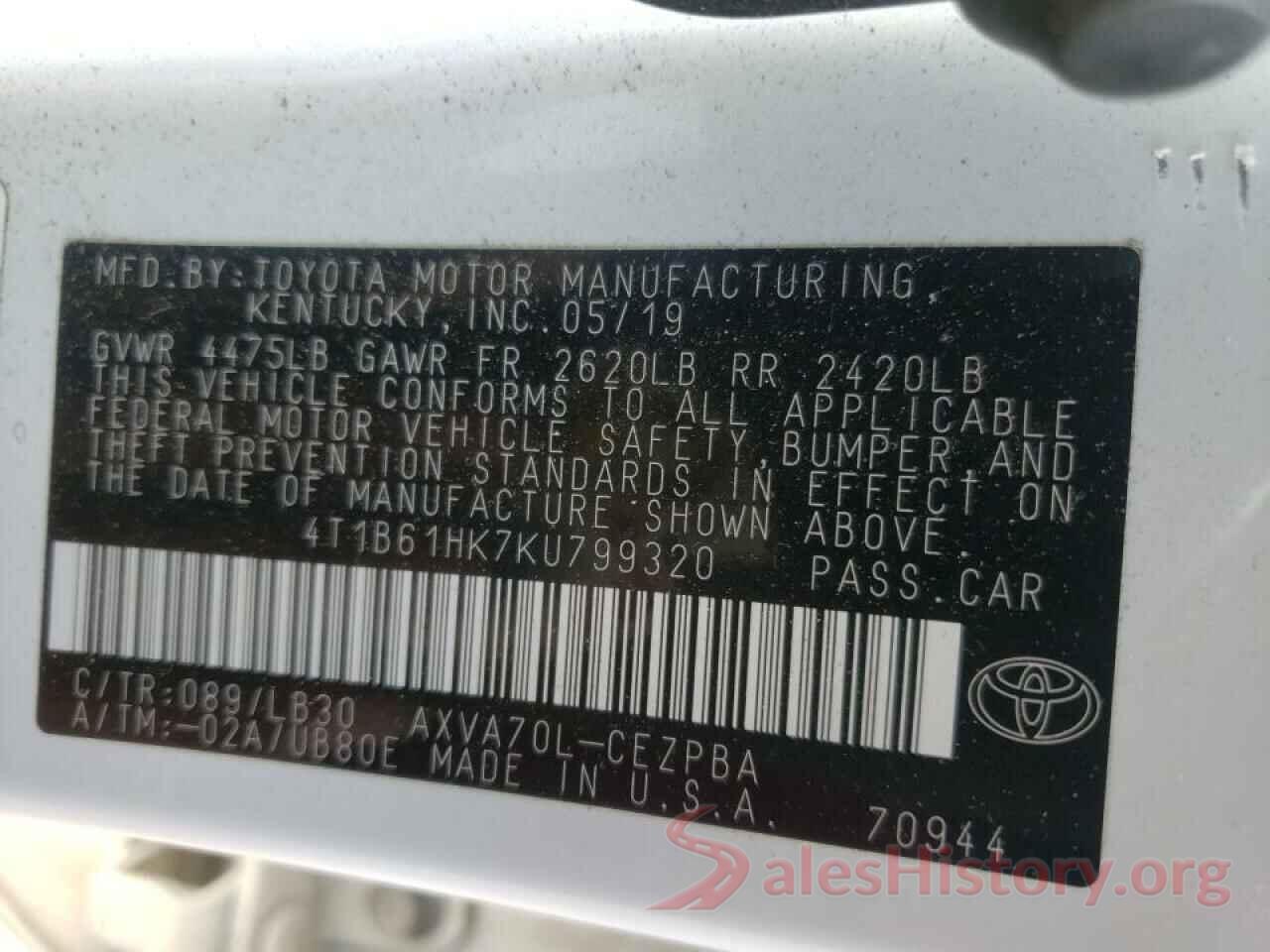 4T1B61HK7KU799320 2019 TOYOTA CAMRY