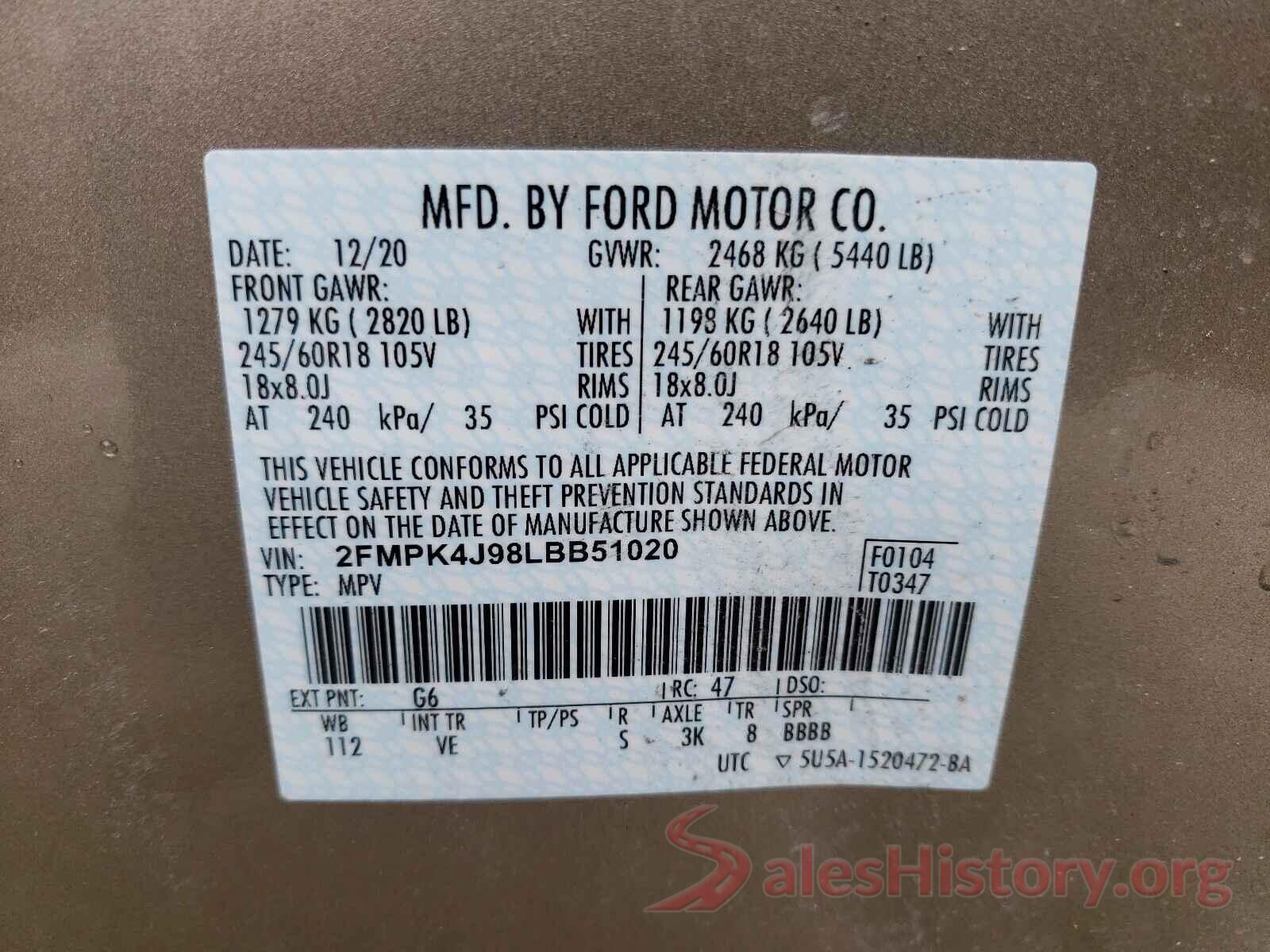 2FMPK4J98LBB51020 2020 FORD EDGE