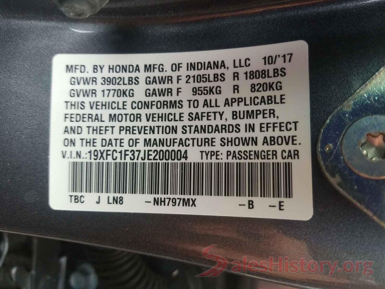 19XFC1F37JE200004 2018 HONDA CIVIC