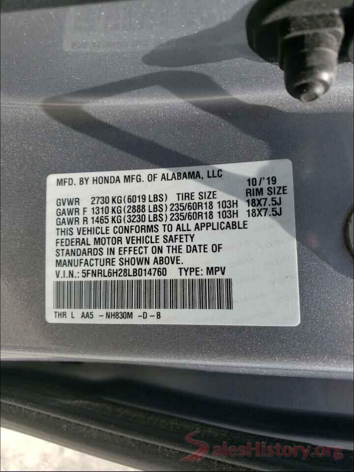 5FNRL6H28LB014760 2020 HONDA ODYSSEY