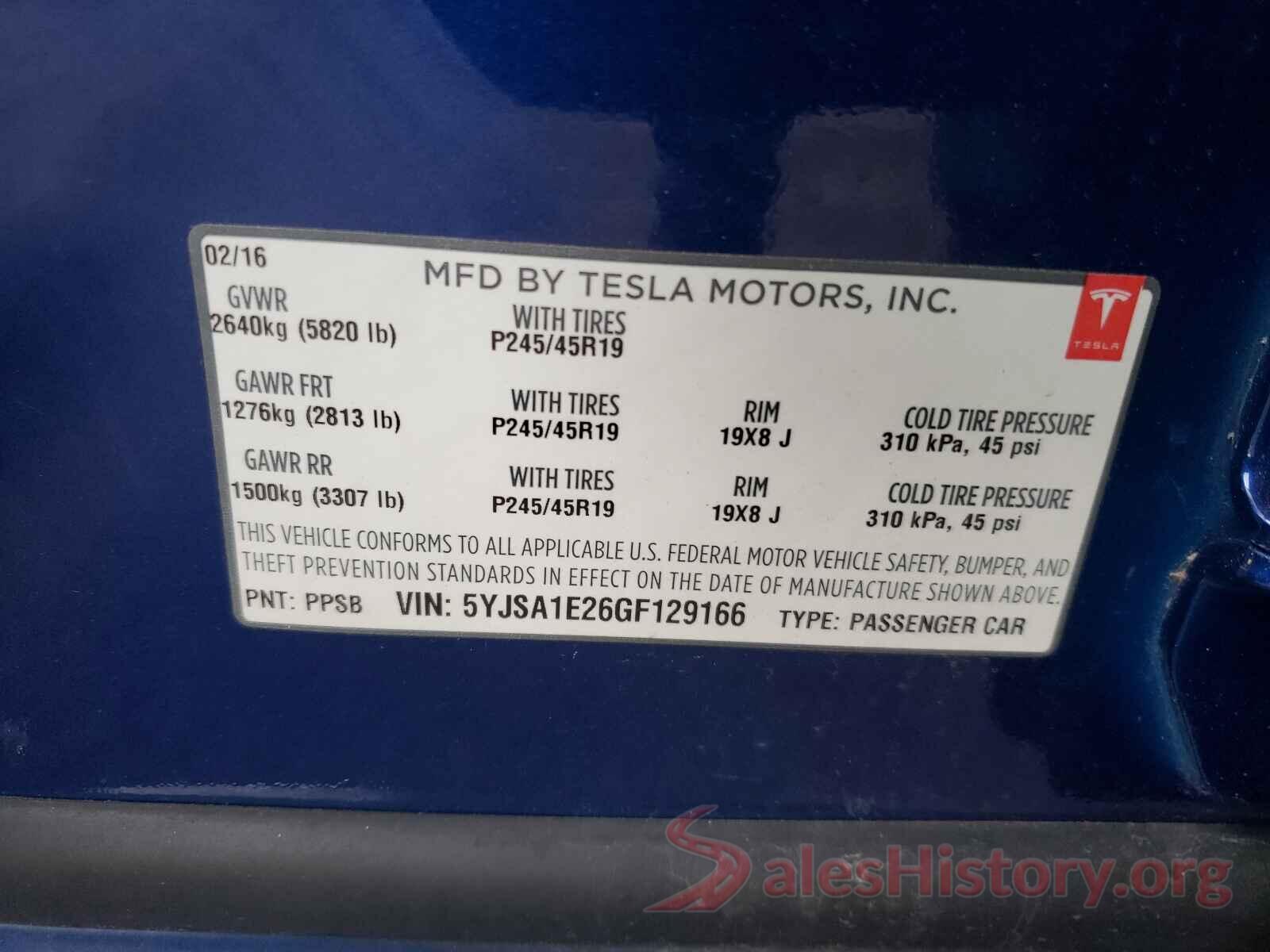 5YJSA1E26GF129166 2016 TESLA MODEL S