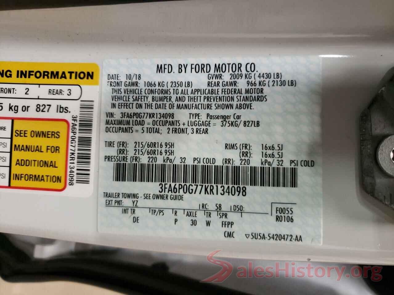 3FA6P0G77KR134098 2019 FORD FUSION