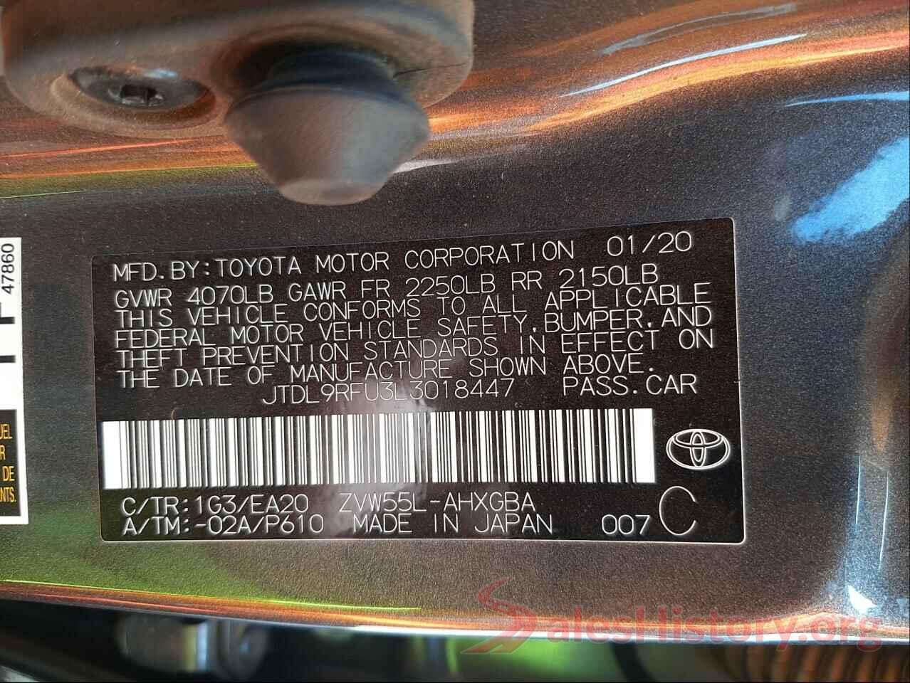 JTDL9RFU3L3018447 2020 TOYOTA PRIUS