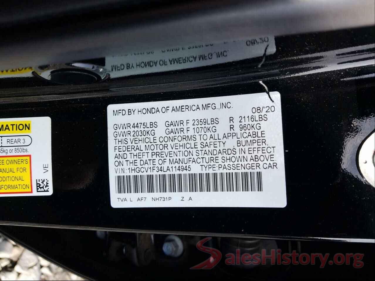 1HGCV1F34LA114945 2020 HONDA ACCORD