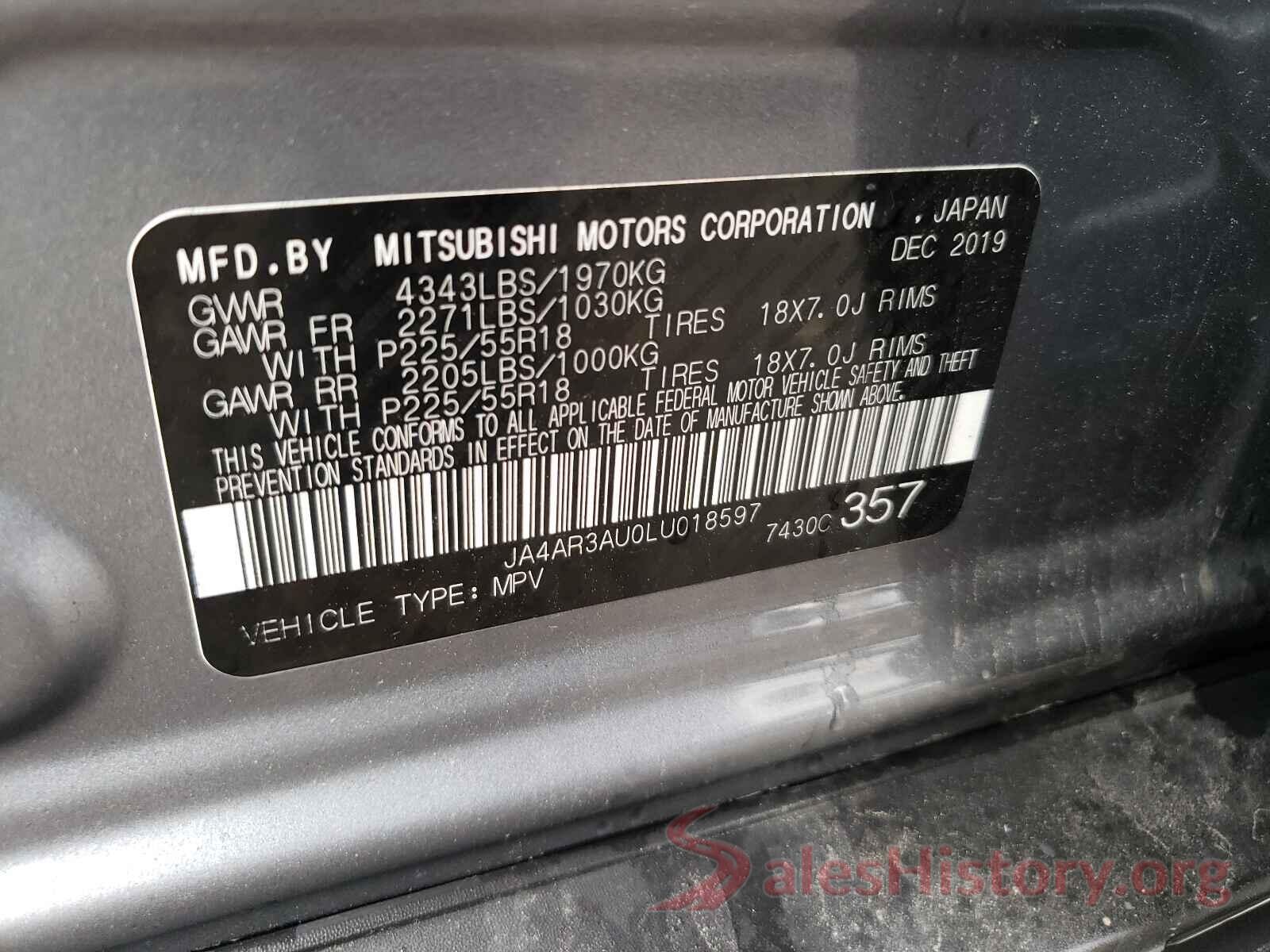 JA4AR3AU0LU018597 2020 MITSUBISHI OUTLANDER