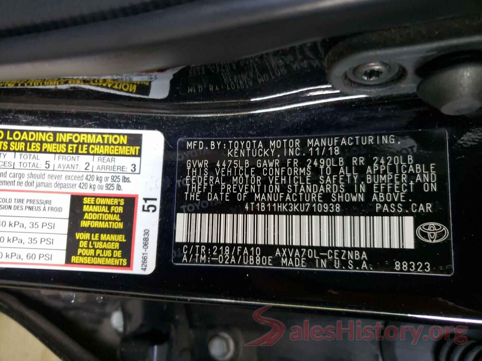 4T1B11HK3KU710938 2019 TOYOTA CAMRY