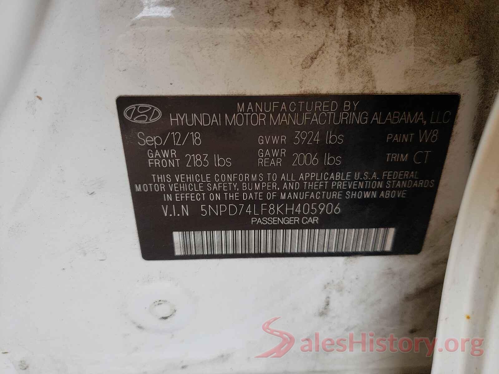 5NPD74LF8KH405906 2019 HYUNDAI ELANTRA