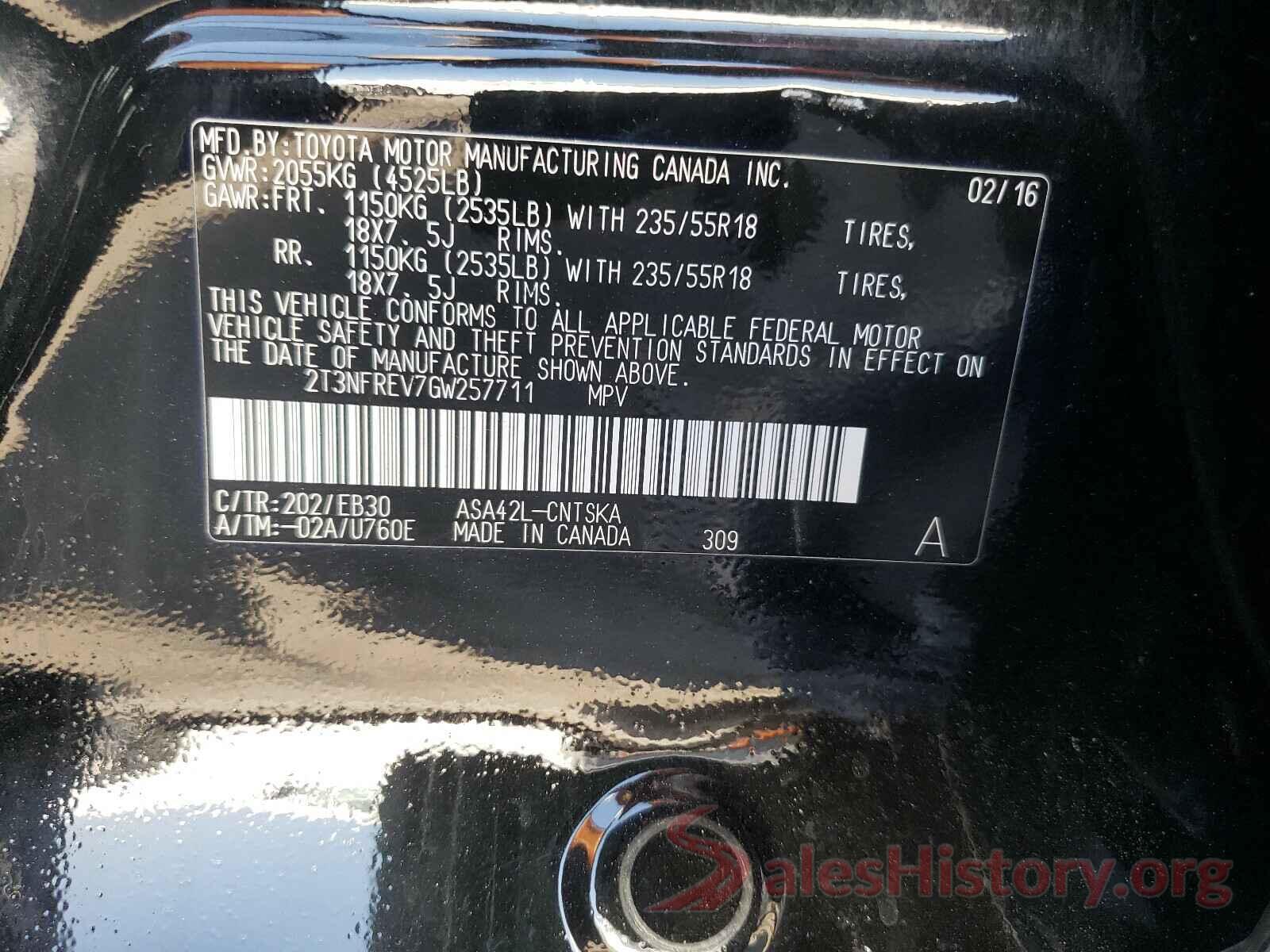 2T3NFREV7GW257711 2016 TOYOTA RAV4