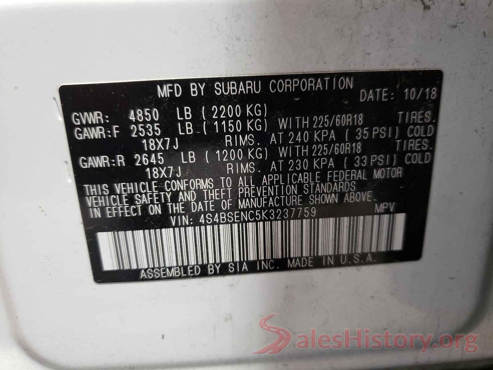 4S4BSENC5K3237759 2019 SUBARU OUTBACK