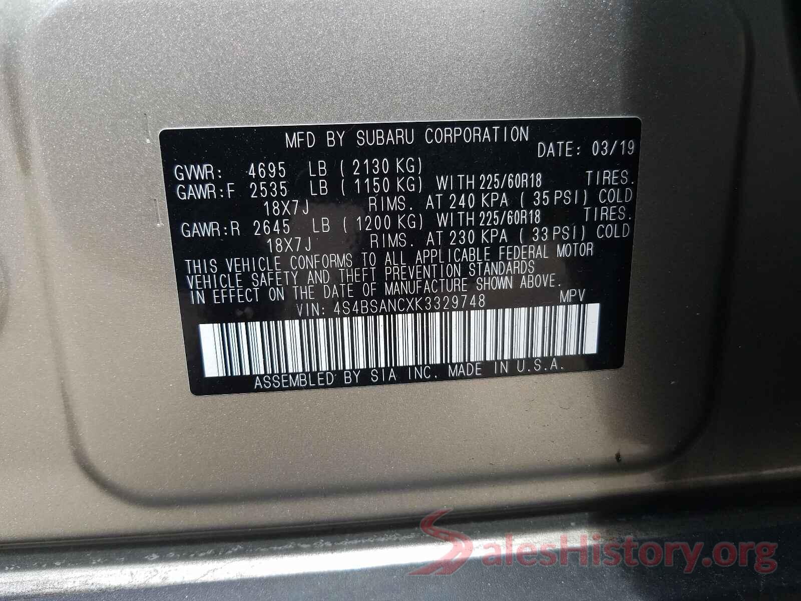 4S4BSANCXK3329748 2019 SUBARU OUTBACK