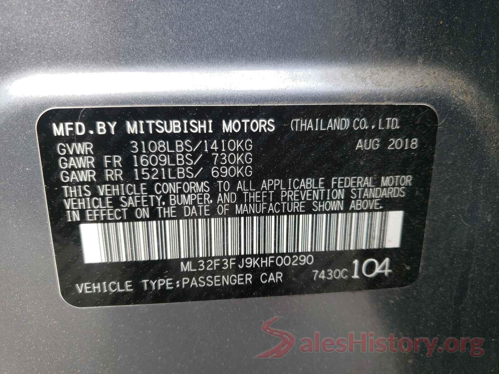 ML32F3FJ9KHF00290 2019 MITSUBISHI MIRAGE