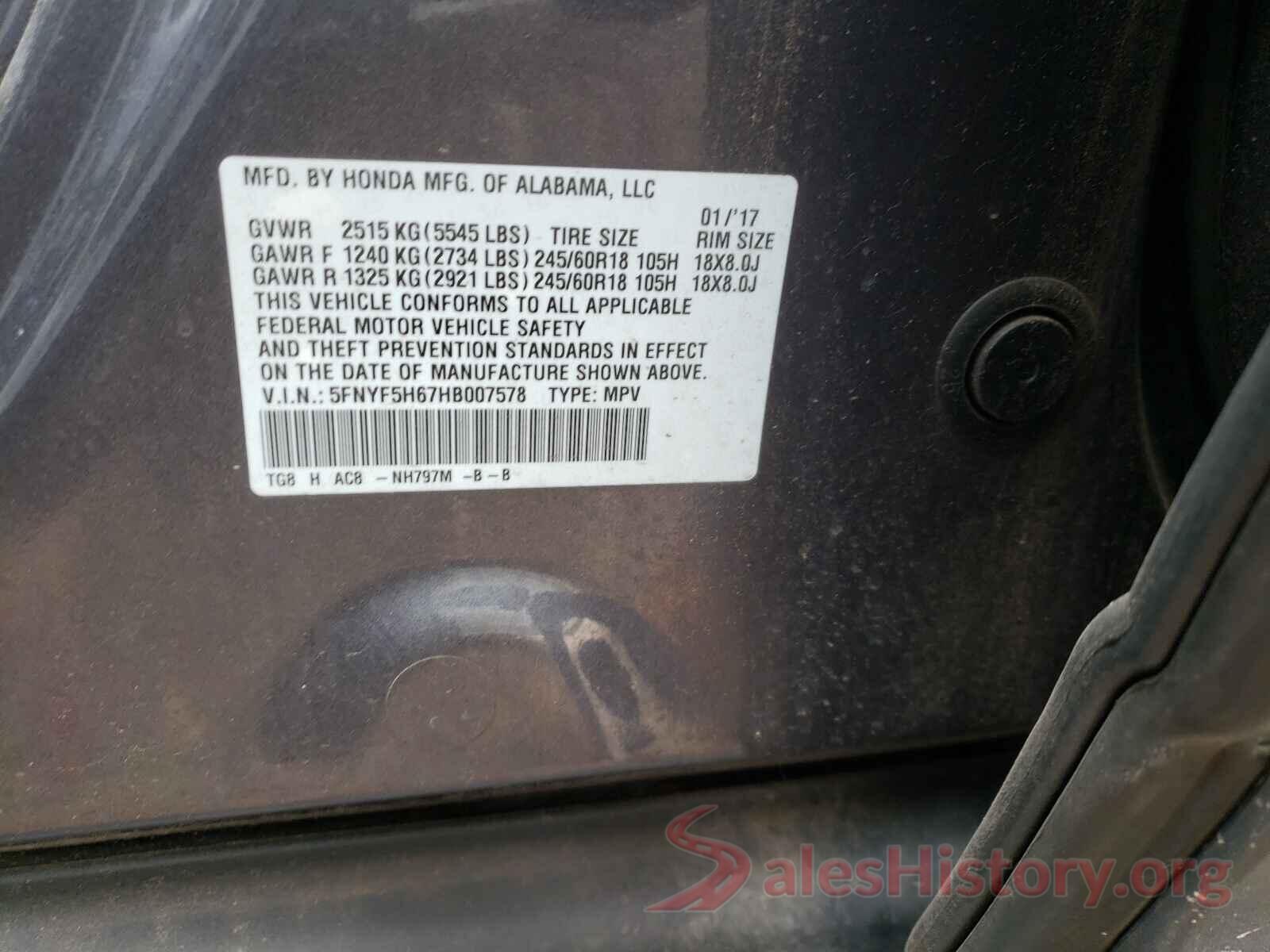 5FNYF5H67HB007578 2017 HONDA PILOT