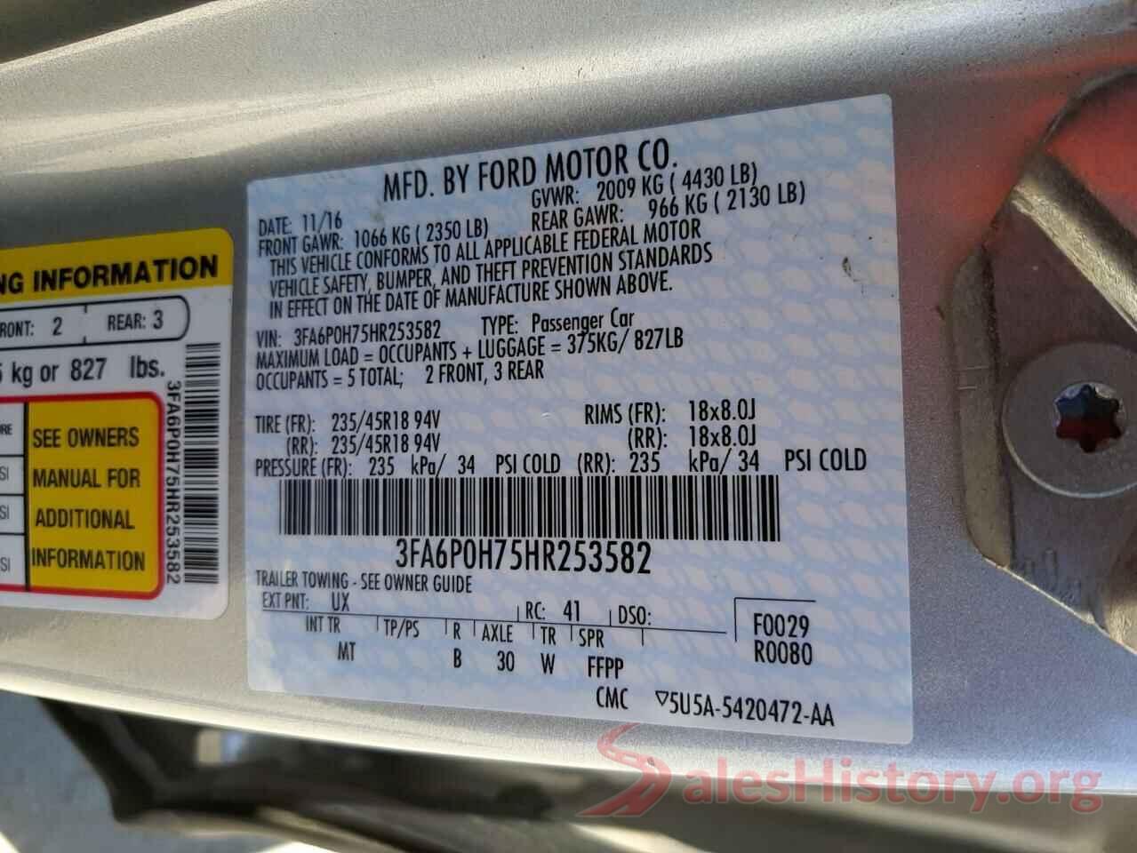 3FA6P0H75HR253582 2017 FORD FUSION