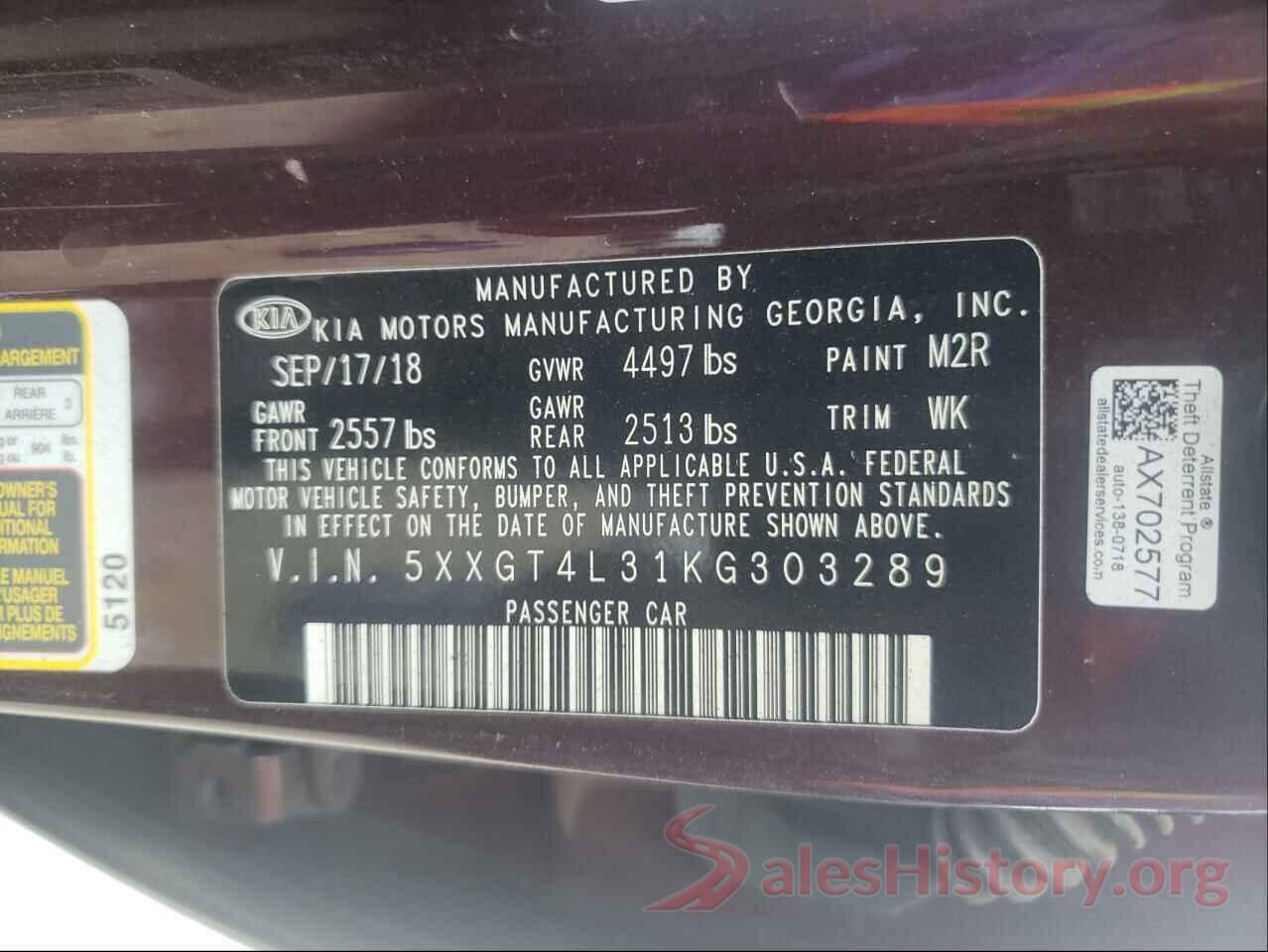 5XXGT4L31KG303289 2019 KIA OPTIMA