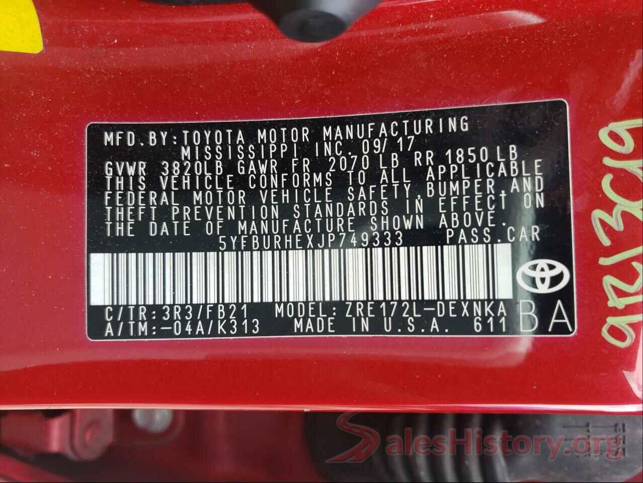 5YFBURHEXJP749333 2018 TOYOTA COROLLA