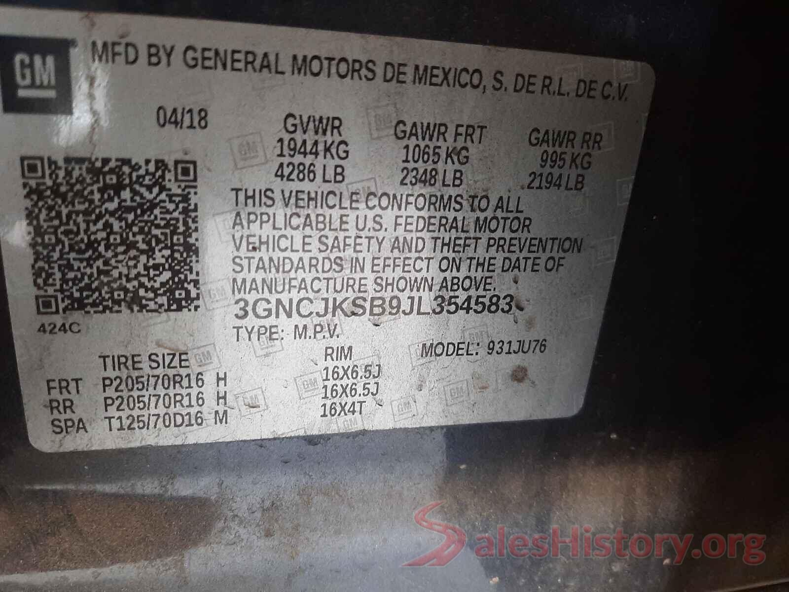 3GNCJKSB9JL354583 2018 CHEVROLET TRAX