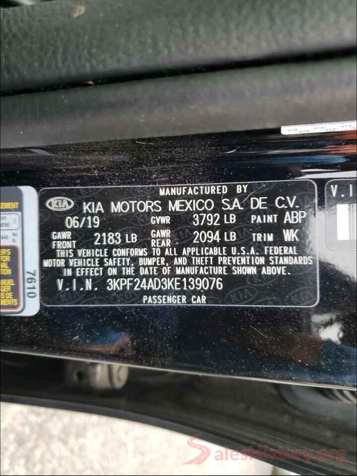 3KPF24AD3KE139076 2019 KIA FORTE