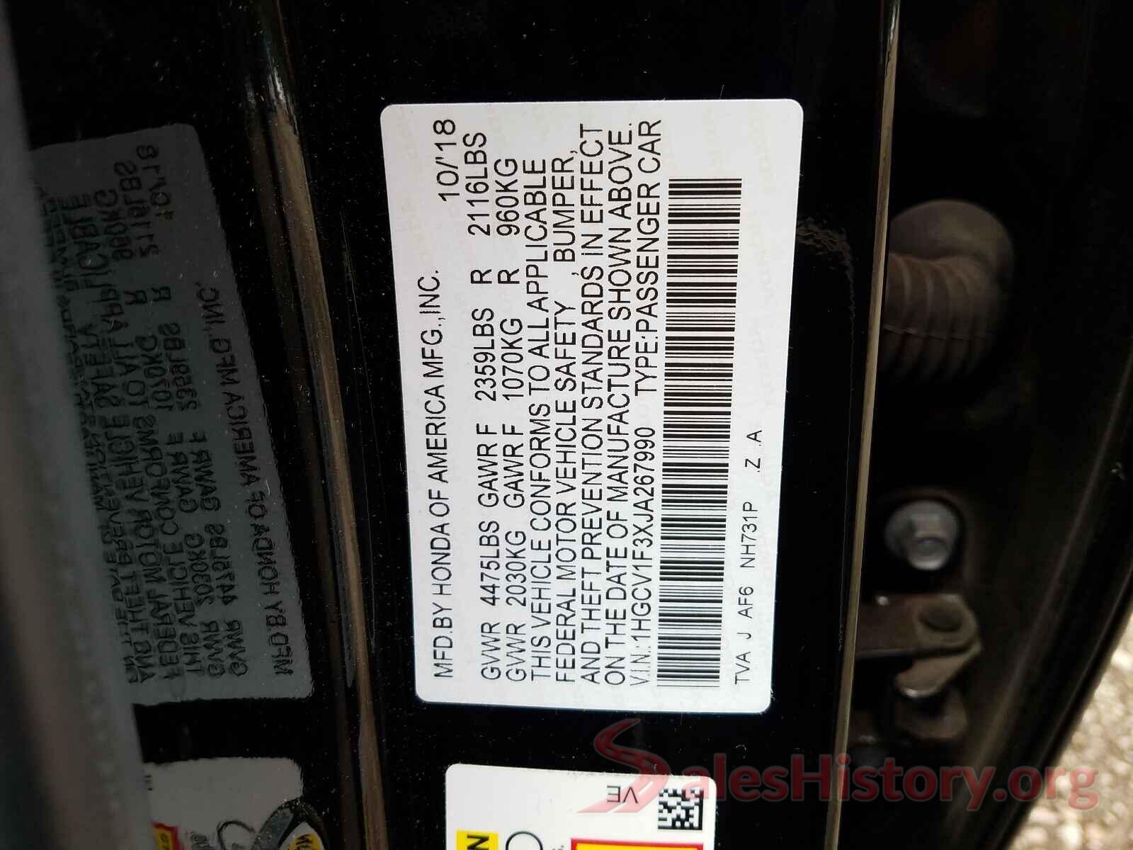 1HGCV1F3XJA267990 2018 HONDA ACCORD