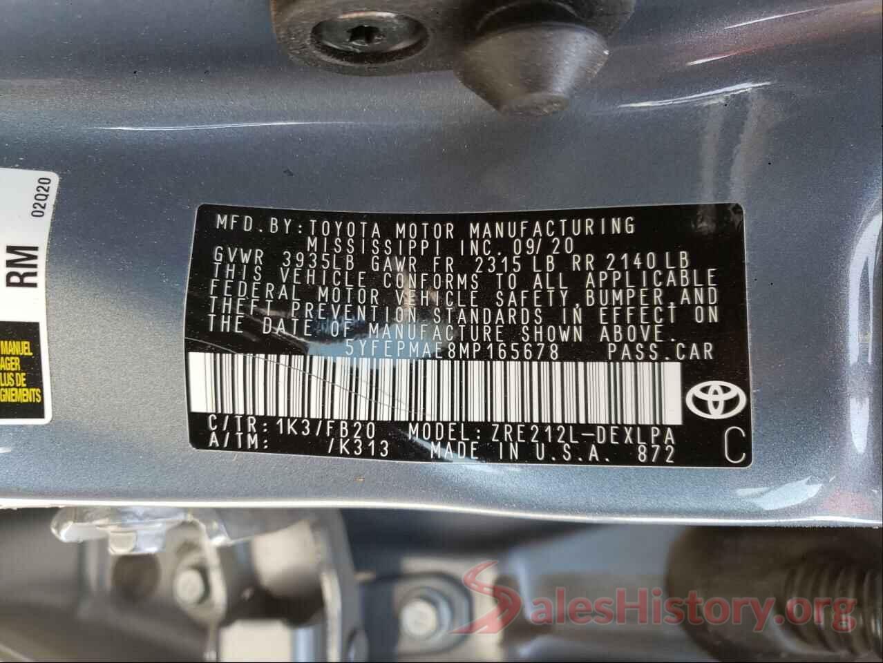 5YFEPMAE8MP165678 2021 TOYOTA COROLLA