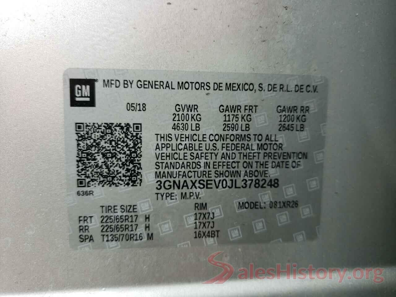 3GNAXSEV0JL378248 2018 CHEVROLET EQUINOX