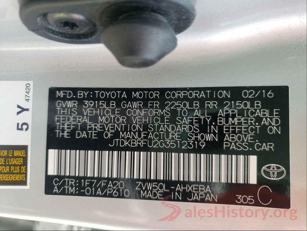 JTDKBRFU2G3512319 2016 TOYOTA PRIUS