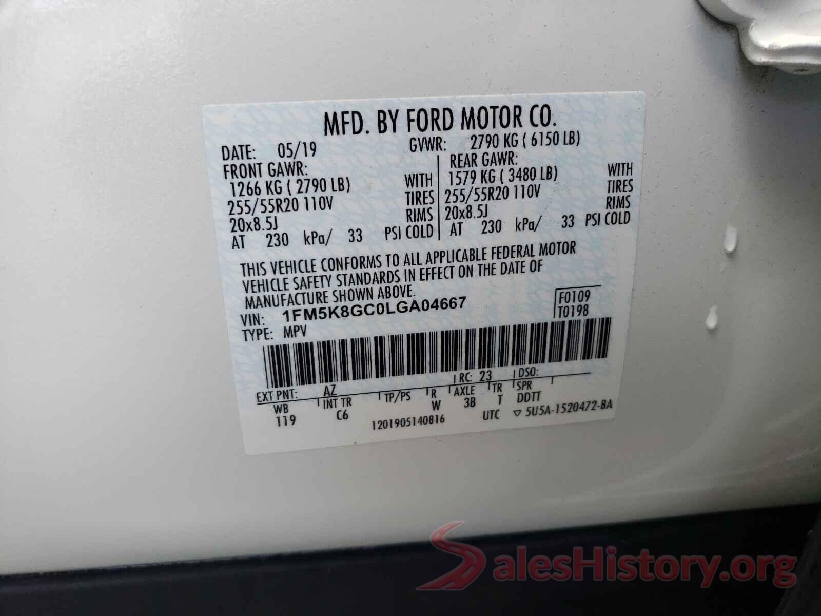 1FM5K8GC0LGA04667 2020 FORD EXPLORER