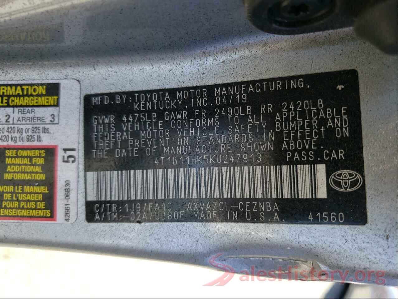 4T1B11HK5KU247913 2019 TOYOTA CAMRY