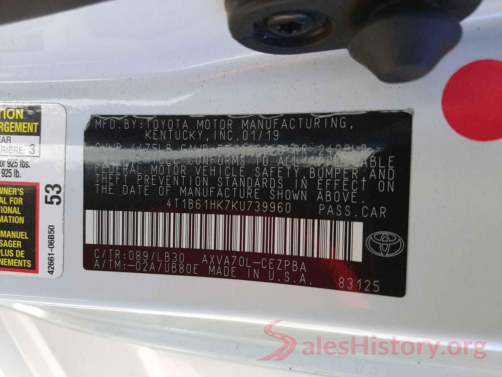 4T1B61HK7KU739960 2019 TOYOTA CAMRY