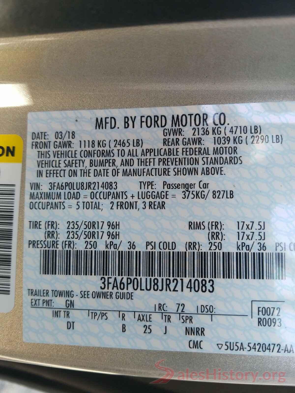 3FA6P0LU8JR214083 2018 FORD FUSION