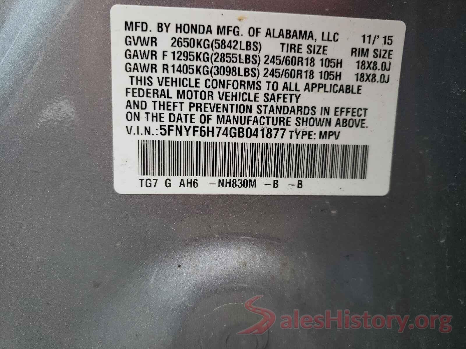 5FNYF6H74GB041877 2016 HONDA PILOT