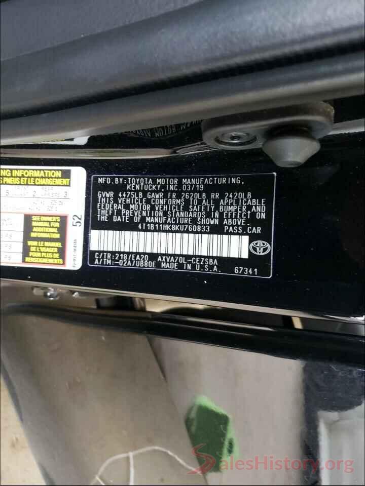 4T1B11HK8KU760833 2019 TOYOTA CAMRY