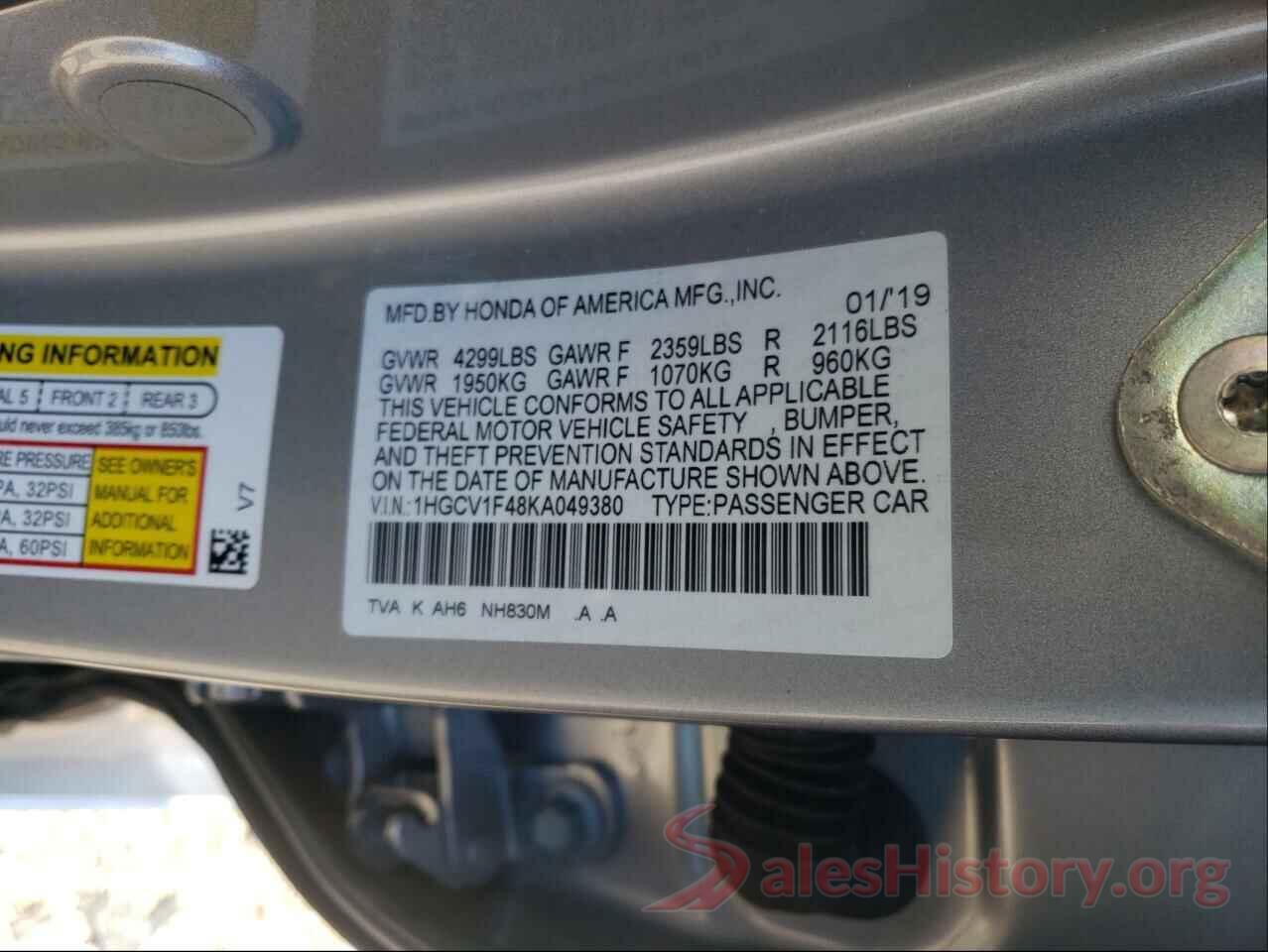 1HGCV1F48KA049380 2019 HONDA ACCORD