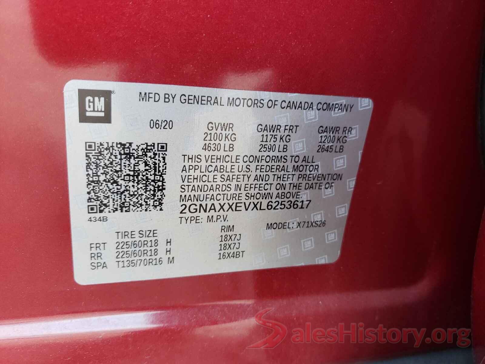 2GNAXXEVXL6253617 2020 CHEVROLET EQUINOX