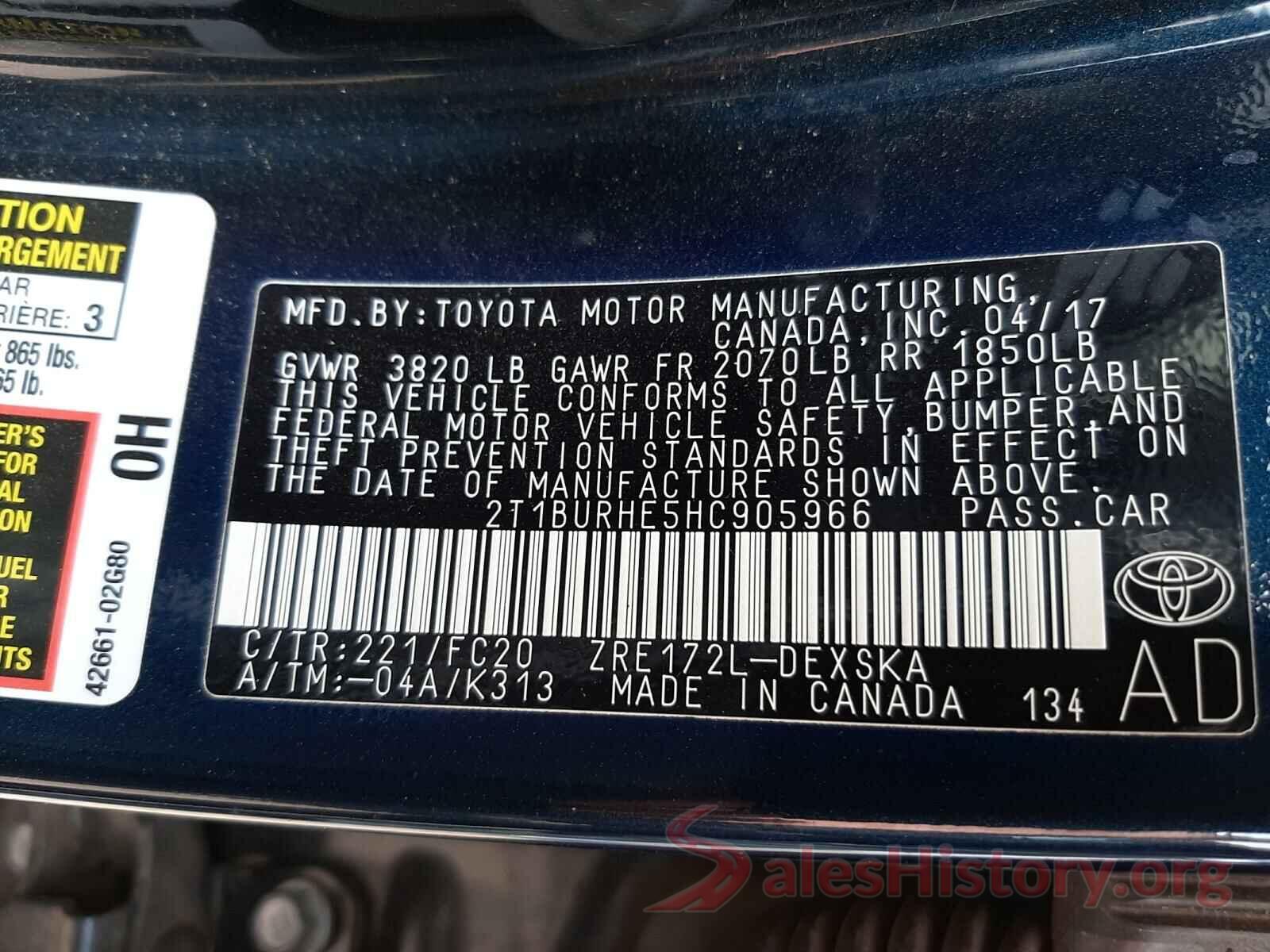 2T1BURHE5HC905966 2017 TOYOTA COROLLA