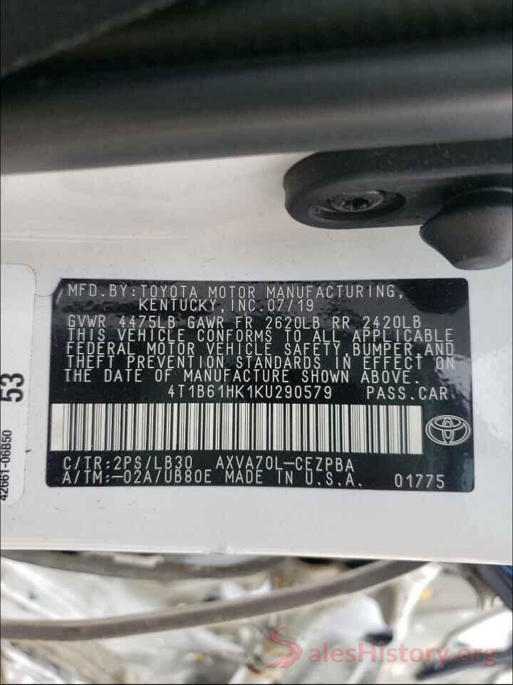 4T1B61HK1KU290579 2019 TOYOTA CAMRY