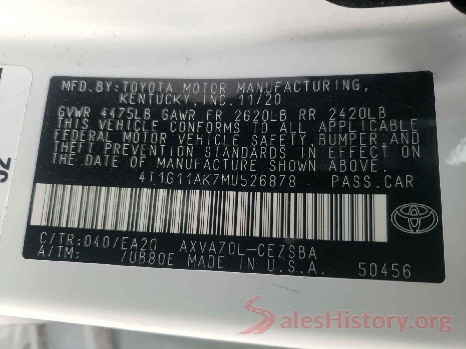 4T1G11AK7MU526878 2021 TOYOTA CAMRY